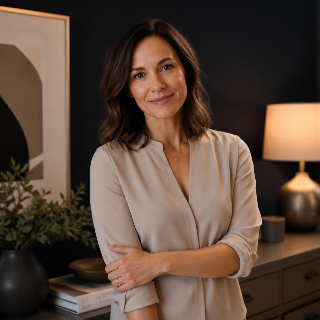 Emily Carter, Sleep and Wellness Content Host for SleepWell Journal, standing in a warmly lit room